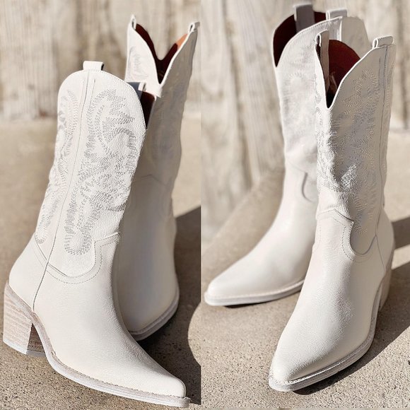 NEW White Cowboy Western Embroidered Stitch Pointy Toe Block Heel Mid Calf Boots - Picture 3 of 13